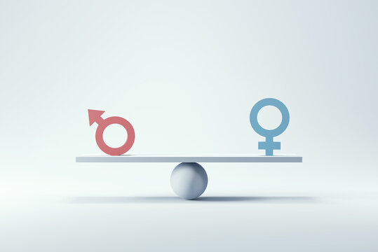 Gender equality concept. Male and female symbol on the scales with balance on blue background. minimal style, 3d render.
