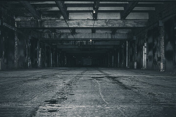 old abandoned building. scary dark underground parking. - obrazy, fototapety, plakaty
