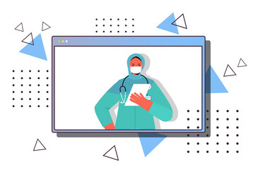 female arab doctor in web browser window wearing mask to prevent coronavirus pandemic online medical consultation concept portrait horizontal vector illustration