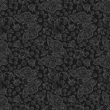 Seamless pattern with rose flowers and butterflies, light contour flowers and insects on a dark background