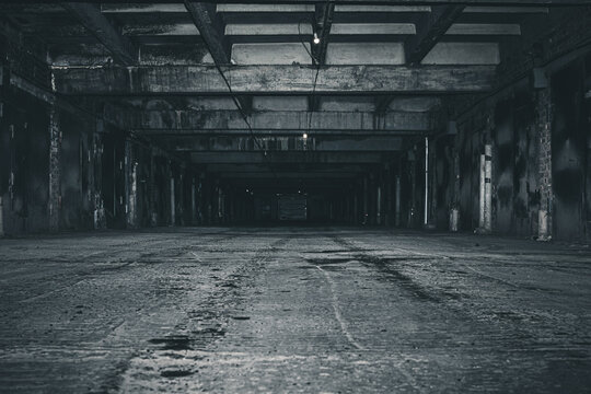 old abandoned building. scary dark underground parking.