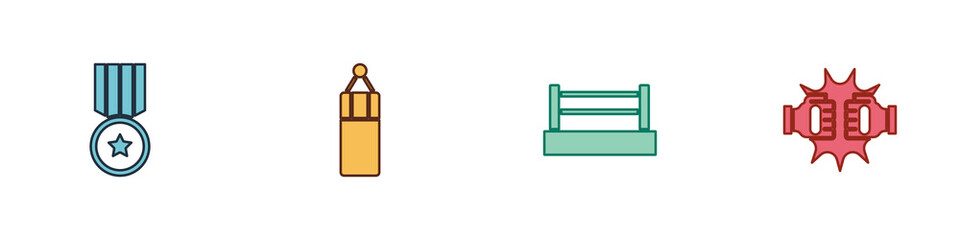 Set Medal, Punching bag, Boxing ring and boxing gloves icon. Vector.