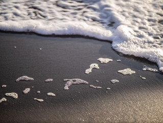Wave close up on black sand beach. Waterscape background. Selected art focus. Black sand beach with white milky foam waves. Nature and environment concept. Black and white contrast.