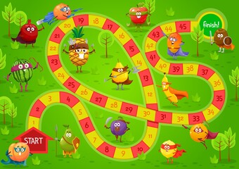 Kids board game vector template, step boardgame with block path, numbers, start, finish and cartoon fruits fairytale and super hero characters. Educational children riddle, family, preschool activity