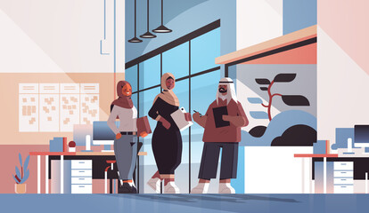 arabic businesspeople discussing during meeting business communication concept arab colleagues standing together office interior horizontal full length vector illustration