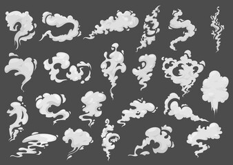 Cartoon smoke clouds, vector white aroma or toxic steaming vapour, dust steam. Design elements, flow mist or smoky chemical steam isolated on grey background. Comic boom steaming effect icons set