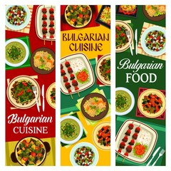 Bulgarian cuisine vector cabbage soup, pork stewed with prunes, stuffed cabbage leaves sarmi and pepper salad. Grilled meat and vegetable kebapche, lamb casserole guvech food of Bulgaria.banners set