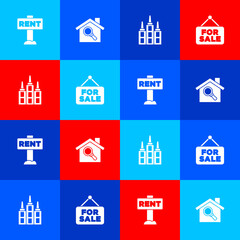 Set Hanging sign with Rent, Search house, Skyscraper and For Sale icon. Vector.