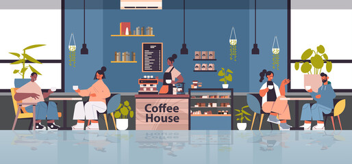 female barista in uniform working in coffee house waitress in apron making coffee for mix race clients modern cafe interior horizontal full length vector illustration