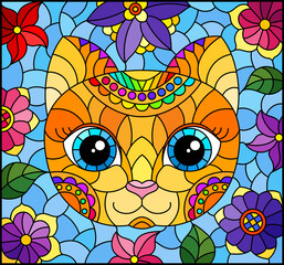 Stained glass illustration with the face of a funny cartoon kitten and flowers on a blue background