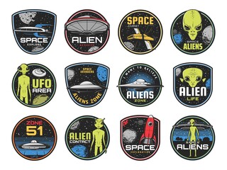 Alien zone, ufo area and space shuttles vector retro icons. Extraterrestrial comer with green skin and huge eyes. Space journey labels with spaceship in outer cosmos, saucers in sky, alien contact © Vector Tradition