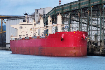 Large ship docks at grain terminal