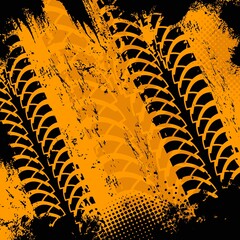 Offroad grunge tyre prints, vector grungy orange abstract pattern on black background. Auto rally or motocross dirty tires print, off road trails texture for racing tournament or garage service design © Vector Tradition