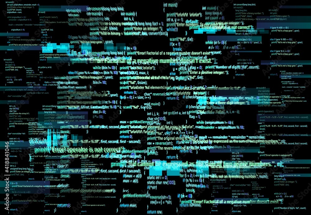 Leinwandbilder Programmer screen glitch or software development error background. Program code critical bug, hardware failure or virtual environment crush concept. Glitching computer screen with code lines vector