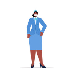 african american stewardess in uniform wearing mask to prevent coronavirus pandemic labor day celebration concept full length vector illustration