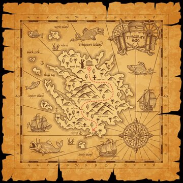 Pirate treasure island ancient map. Route dotted line among mountains, mark for chest with treasures and sailing in ocean caravels, sea monsters on piece of parchment paper with torn sides vector