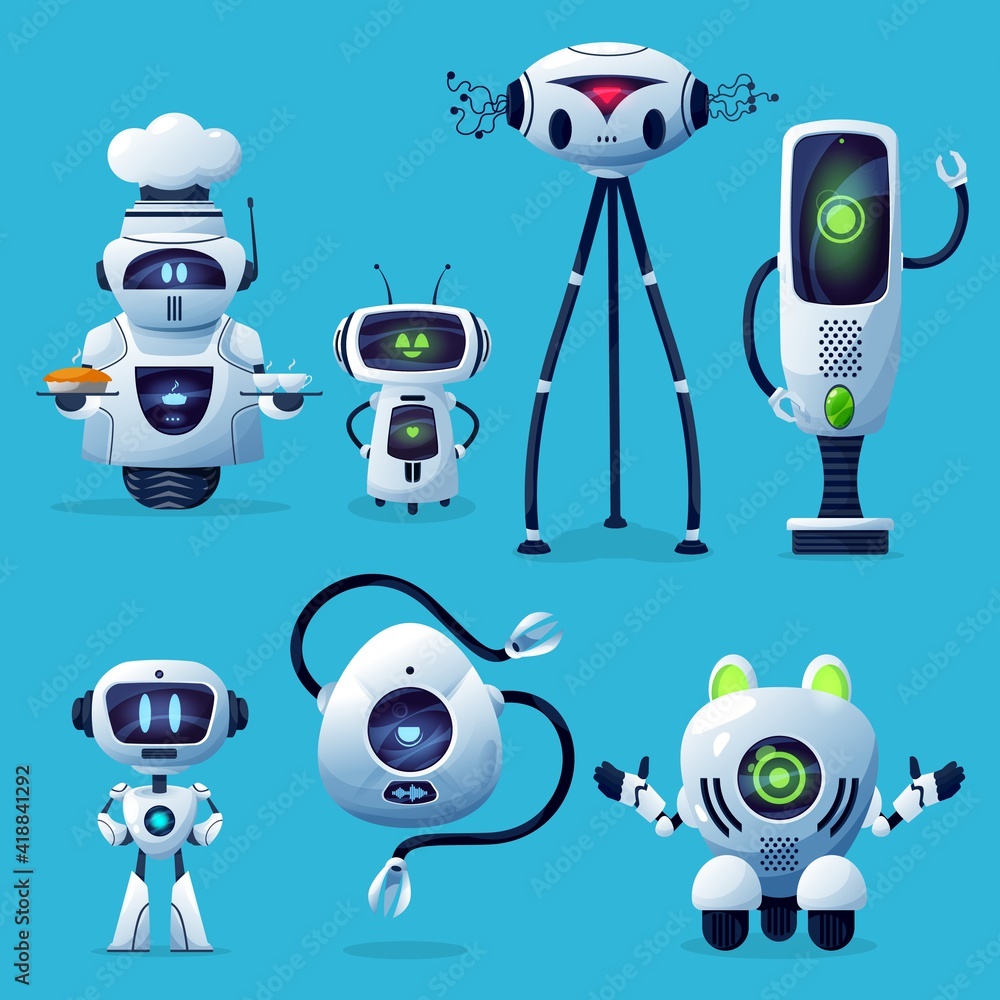 Poster cartoon robots vector icons, cute cyborg characters, toys or bots, artificial intelligence technolog