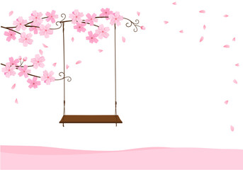 Pink Sakura flowers branch and swing on a white background vector illustration.
