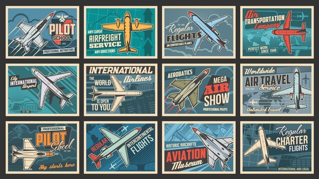 Plane and aviation retro posters, pilot school and aircraft flights, vector. Airplane museum show, aviators academy and air travel service for intercontinental flights and transportation company