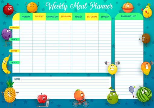 Weekly meal planner, vector timetable, week food plan organizer with cartoon sportsmen fruits characters. Calendar menu with shopping list for grocery purchases. Diary template for personal dieting