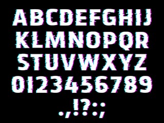 Glitch type font, glowing vector alphabet letters, ripple digits and punctuation marks isolated on black background. Distorted glitched effect glow abc uppercase characters, retro style signs set