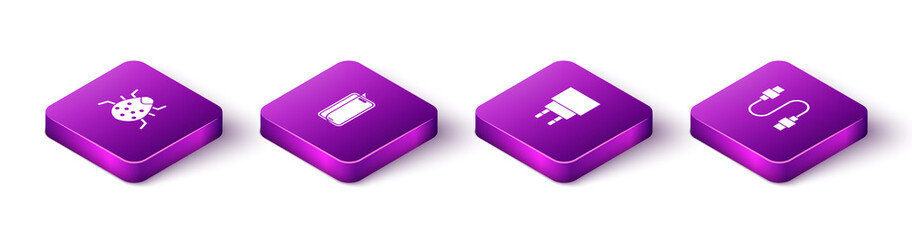 Set Isometric System bug, Glass screen protector, Charger and USB cable cord icon. Vector.