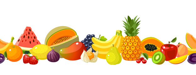 Seamless horizontal composition of colorful cartoon fruits and berries, template element for packaging design. Vector illustration flat icon border set on white background.