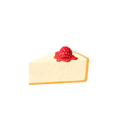 Cheesecake slice with raspberry. Vector illustration cartoon flat icon isolated on white background.