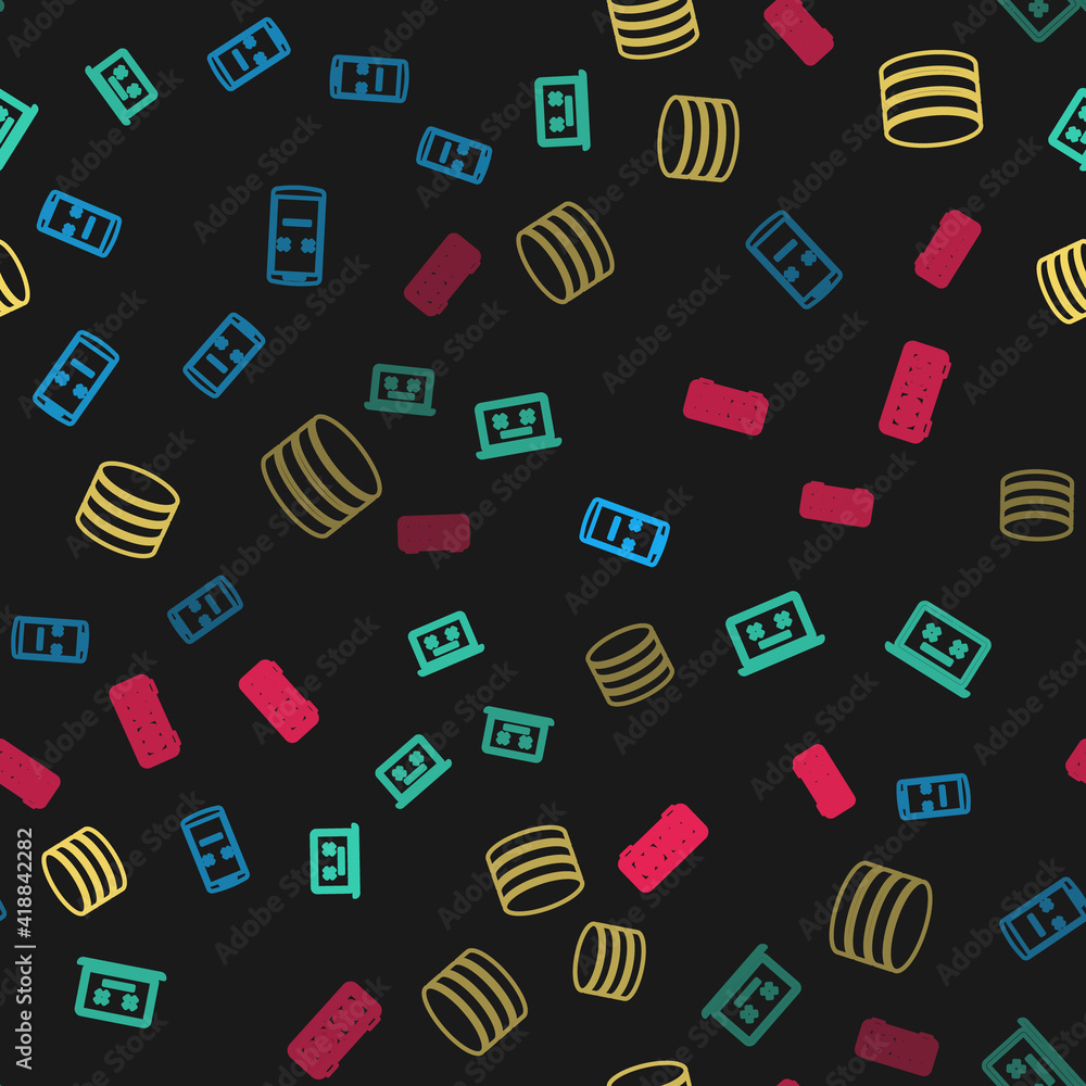 Poster set line dead mobile, laptop, database and retro flip clock on seamless pattern. vector.