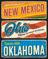 Naklejka premium American states, New Mexico, Ohio and Oklahoma vintage vector banners. Signs for travel destination. Retro grunge boards, postcards, antique signboards with typography, touristic landmarks plaques set