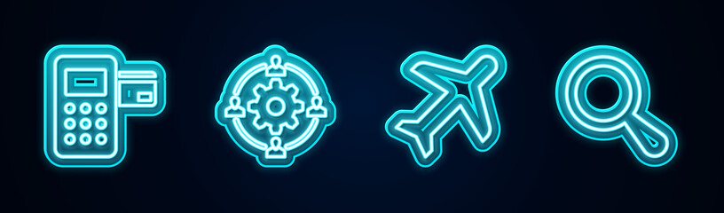 Set line Pos terminal, Outsourcing concept, Plane and Magnifying glass. Glowing neon icon. Vector.