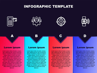 Set line Pos terminal, Project team base, Outsourcing concept and Contactless payment. Business infographic template. Vector.
