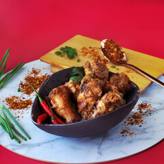 Spicy Chicken Wings in Black Bowl with Chilli on Background