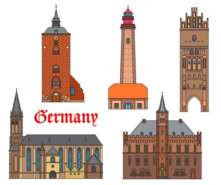 Germany landmarks architecture, German cities buildings, cathedrals and churches, vector. St Nikolai kirche in Fehmarn and Kalkar, lighthouse Flugge and Anklam Steintor gate in Schleswig and Pomerania