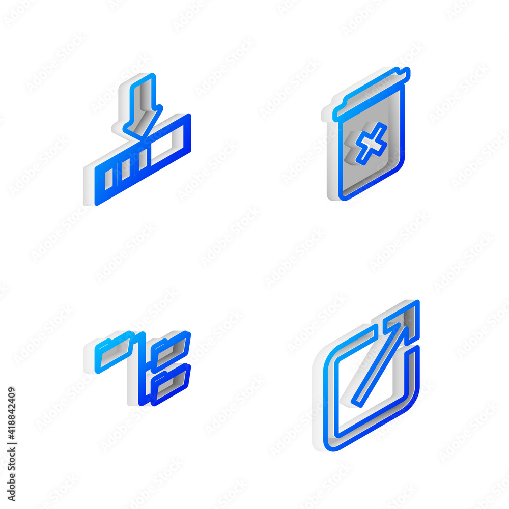Poster set isometric line trash can, loading, folder tree and open new window icon. vector.