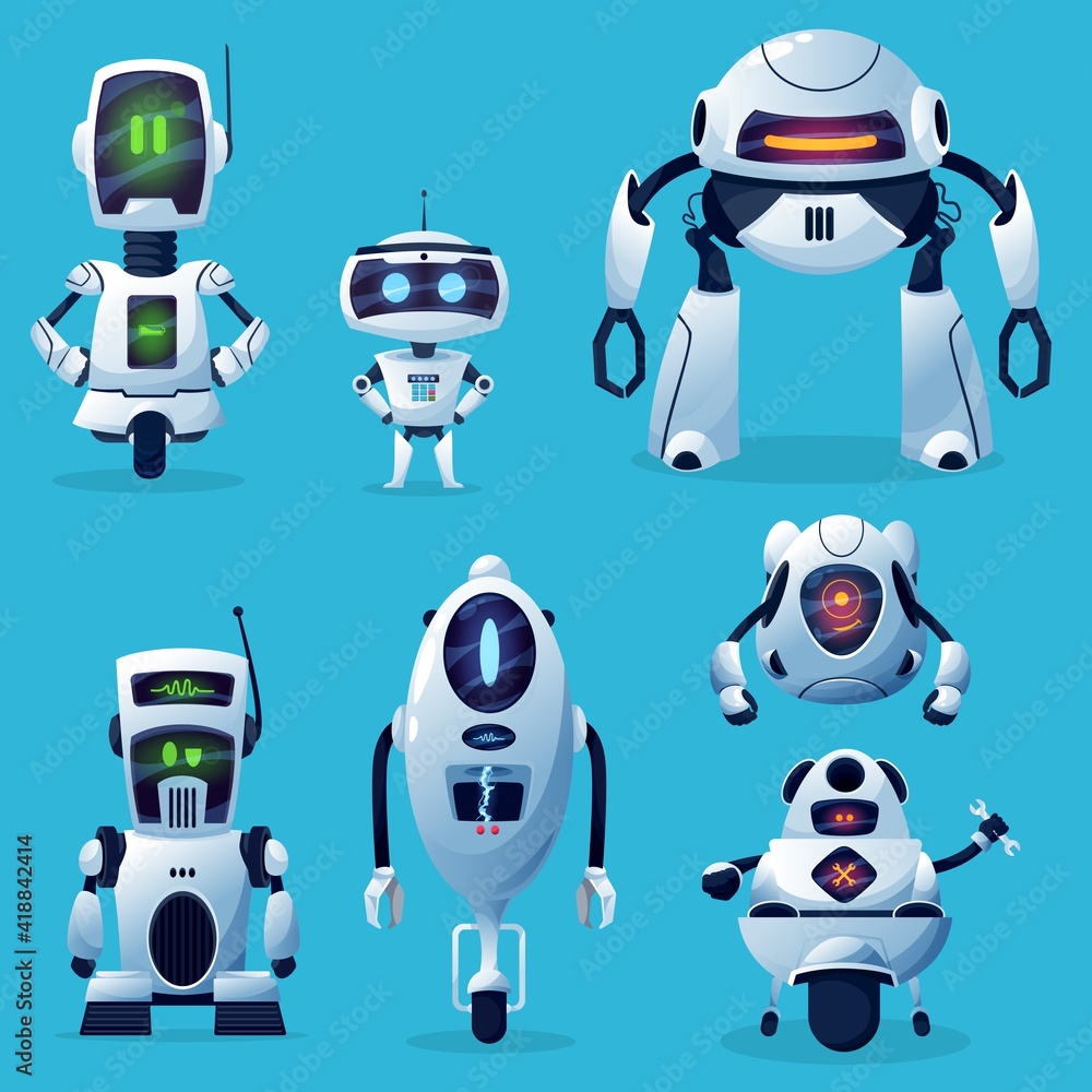Fototapete Cartoon robot vector icons, cyborg characters, toys or bots, artificial intelligence technology. Technical support assistant, friendly robots on wheels with long arms and digital face isolated set