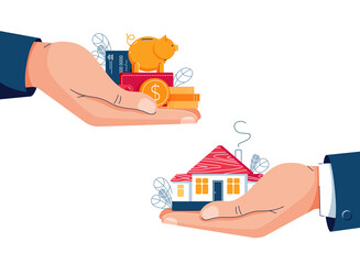 Naklejka na ściany i meble Buying a house vector illustration. Buyer brings money for home purchase dealing. Seller gives house to a customer. Deal sale, mortgage, real estate property concept for banner. Flat cartoon design