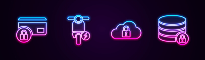 Set line Credit card with lock, Electric scooter, Cloud computing and Server security. Glowing neon icon. Vector.