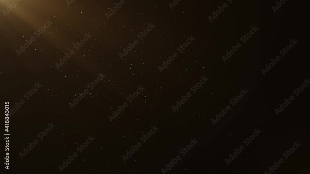 Wall mural 4k gold glitter floating dust particles with flare on black background in slow motion. looped 3d ani