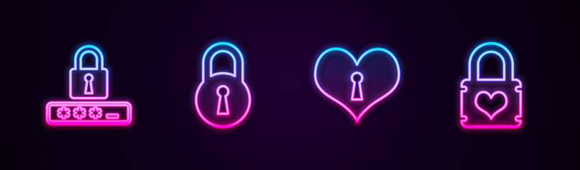 Set line Password protection, Lock, Heart with keyhole and Padlock heart. Glowing neon icon. Vector. © vector_v