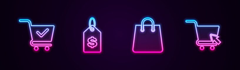 Set line Shopping cart with check mark, Price tag dollar, Handbag and cursor. Glowing neon icon. Vector.