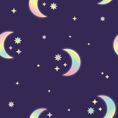 Obraz na płótnie Canvas Vector Fluorescent Crescent Moon and Stars on Night Sky seamless pattern background. Perfect for fabric, scrapbooking and wallpaper projects.
