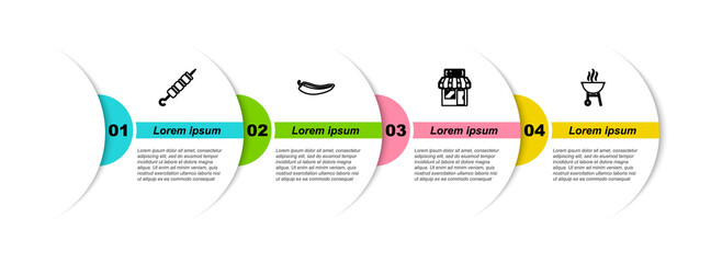 Set line Grilled shish kebab, Hot chili pepper pod, Barbecue shopping building and grill. Business infographic template. Vector.