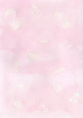 Delicate pink background with cherries. Watercolor illustration is suitable for kitchen design, wrapping paper, scotch tape, fabric, textiles, packaging, website, scrapbooking.