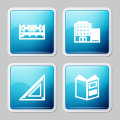 Set line Measuring height and length, Hotel building, Triangular ruler and Open book icon. Vector.