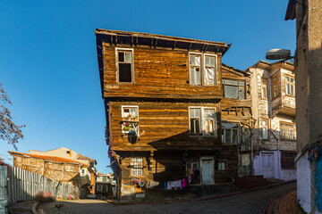 View of ramshackle houses in residential quarter Eminonu, Fatih district in Istanbul, Turkey....