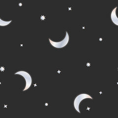 Obraz na płótnie Canvas Vector Night Sky of Crescent Moon and Stars with Silver Metal Effect seamless pattern background. Perfect for fabric, scrapbooking and wallpaper projects.