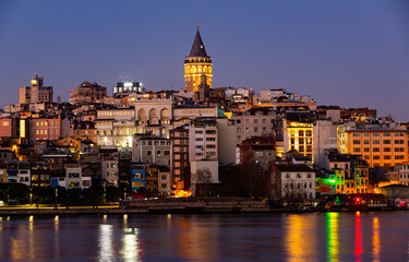 View of Istanbul from Golden Horn and Galata Bridge in the evening