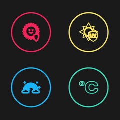 Set line Rainbow with clouds, Celsius, UV protection and icon. Vector.