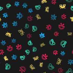 Fototapeta na wymiar Set line Sun and snowflake, Thermometer with sun, Rainbow clouds and on seamless pattern. Vector.